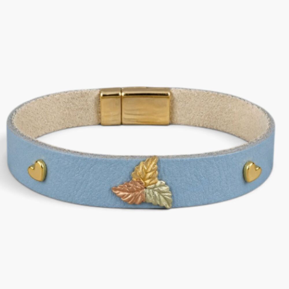 7.5 inch Blue Leather Black Hills Gold Leaves & Hearts Bracelet Magnetic Clasp